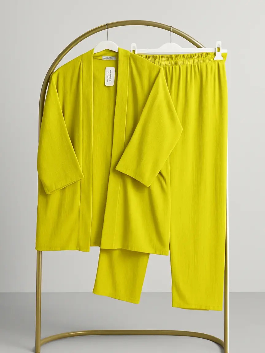Yağ Yeşili Bürümcük Kimono Pantolon Takım