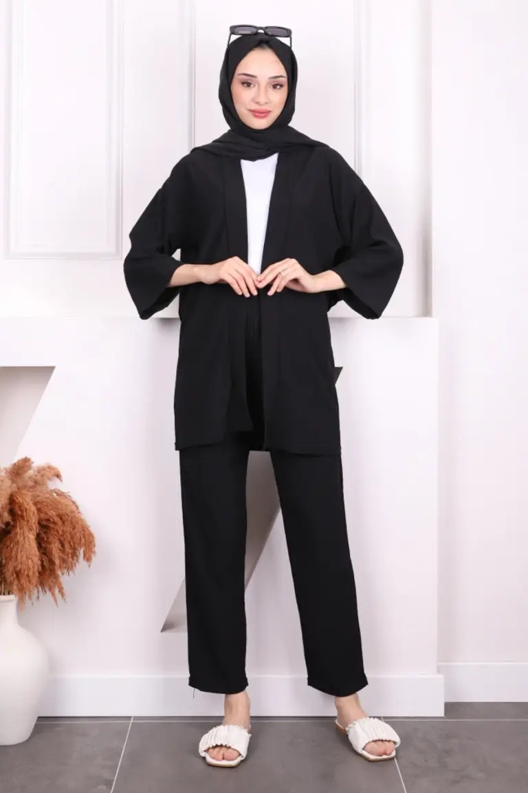 Siyah Bürümcük Kimono Pantolon Takım